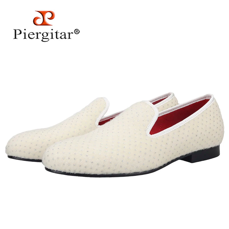 Piergitar 2021 Handmade white color men's loafers with small Rhinestones Party and wedding man velvet shoes plus size flats