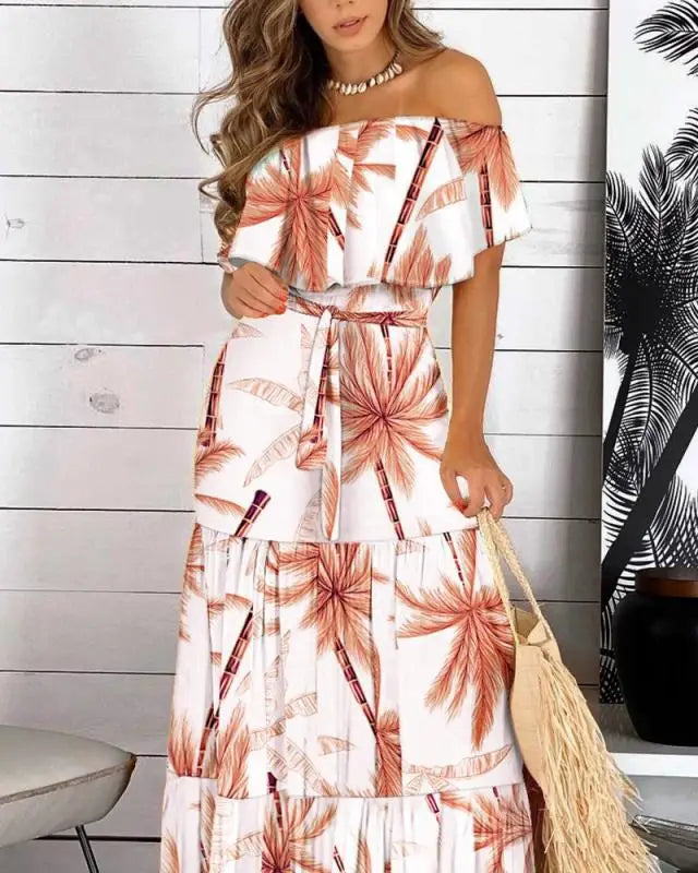 Women's Print Ruffle Maxi Sundress Dress