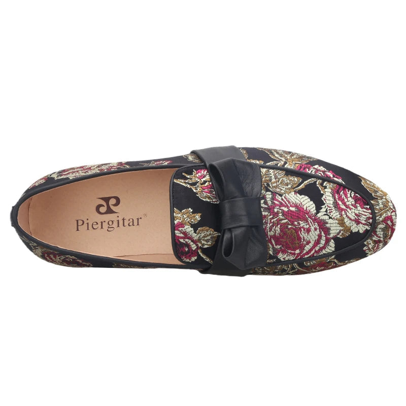 Piergitar 2021 New Style Floral Printed Silk Men Moccasin Handmade Leather Butterfly-Knot Men's Loafers Plus Size Man Flat Shoes