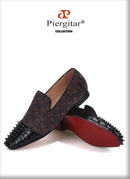 Piergitar 2022 Plaid Design Brown Velvet Men Studded Shoes Handmade Red Bottom Men's Loafers For Party And Banquet Plus Size