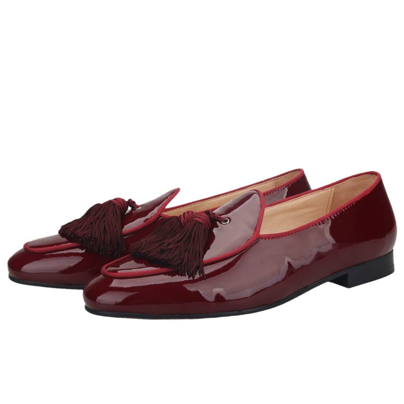 New Arrival Patent leather Handmade Tassel Men Smoking Slippers for Party and Wedding Men Loafers, Men's Dress Shoe