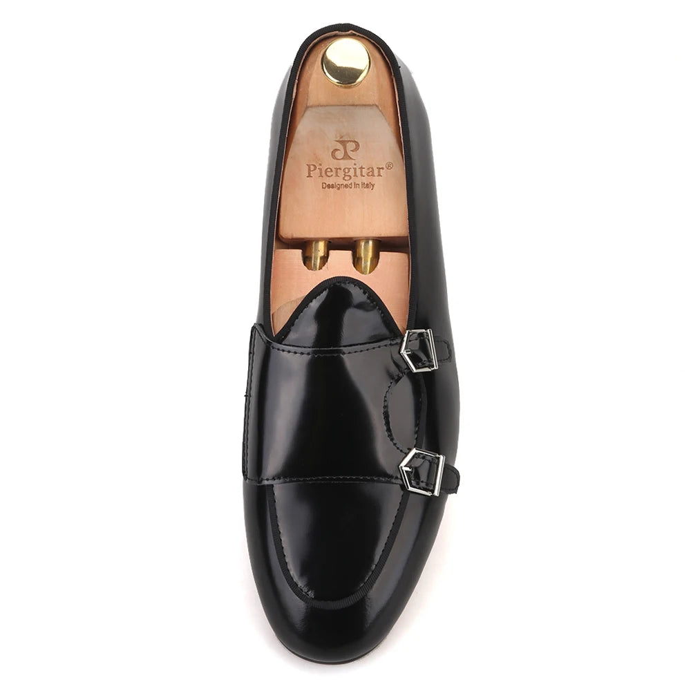 Piergitar 2019 New black Genuine leather men handmade loafers with metal buckle Fashion Party and wedding men dress shoes