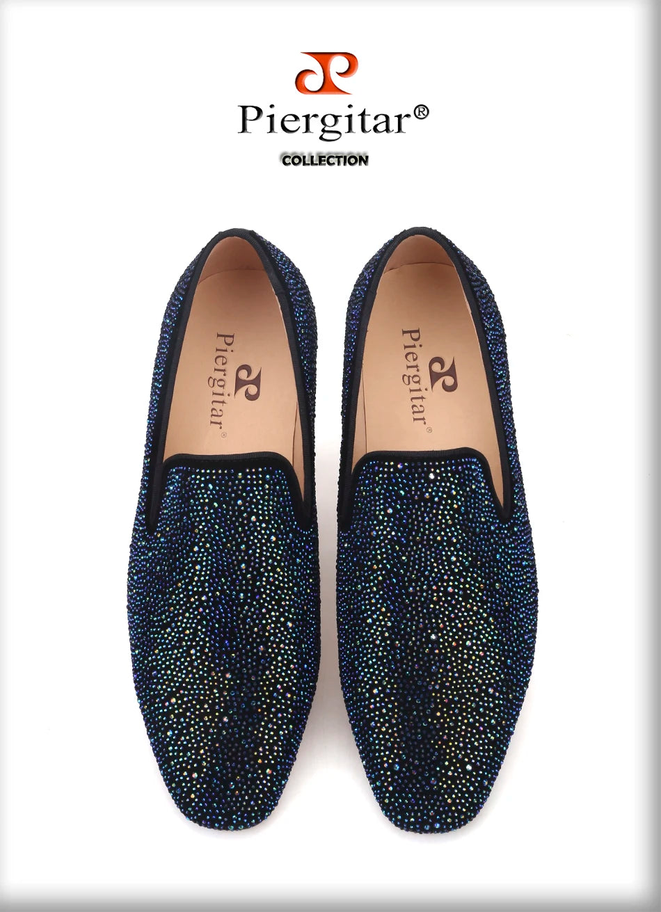 Piergitar 2020 men leather shoes with mixed colors rhinestones prom and banquet men casual loafers luxurious smoking slippers
