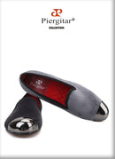 Piergitar gray color men velvet shoes with gun toe metal fashion party and wedding men loafers handmade men's smoking slippers