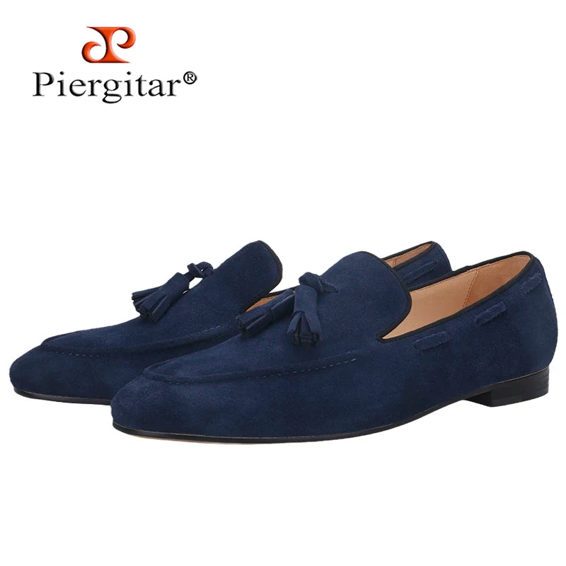 Piergitar Handmade Navy Suede Tassel Design Men's Loafers Classic Men Moccasin For Party And Prom Men's Casual Shoes Plus Size