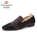 Piergitar 2022 Plaid Design Brown Velvet Men Studded Shoes Handmade Red Bottom Men's Loafers For Party And Banquet Plus Size