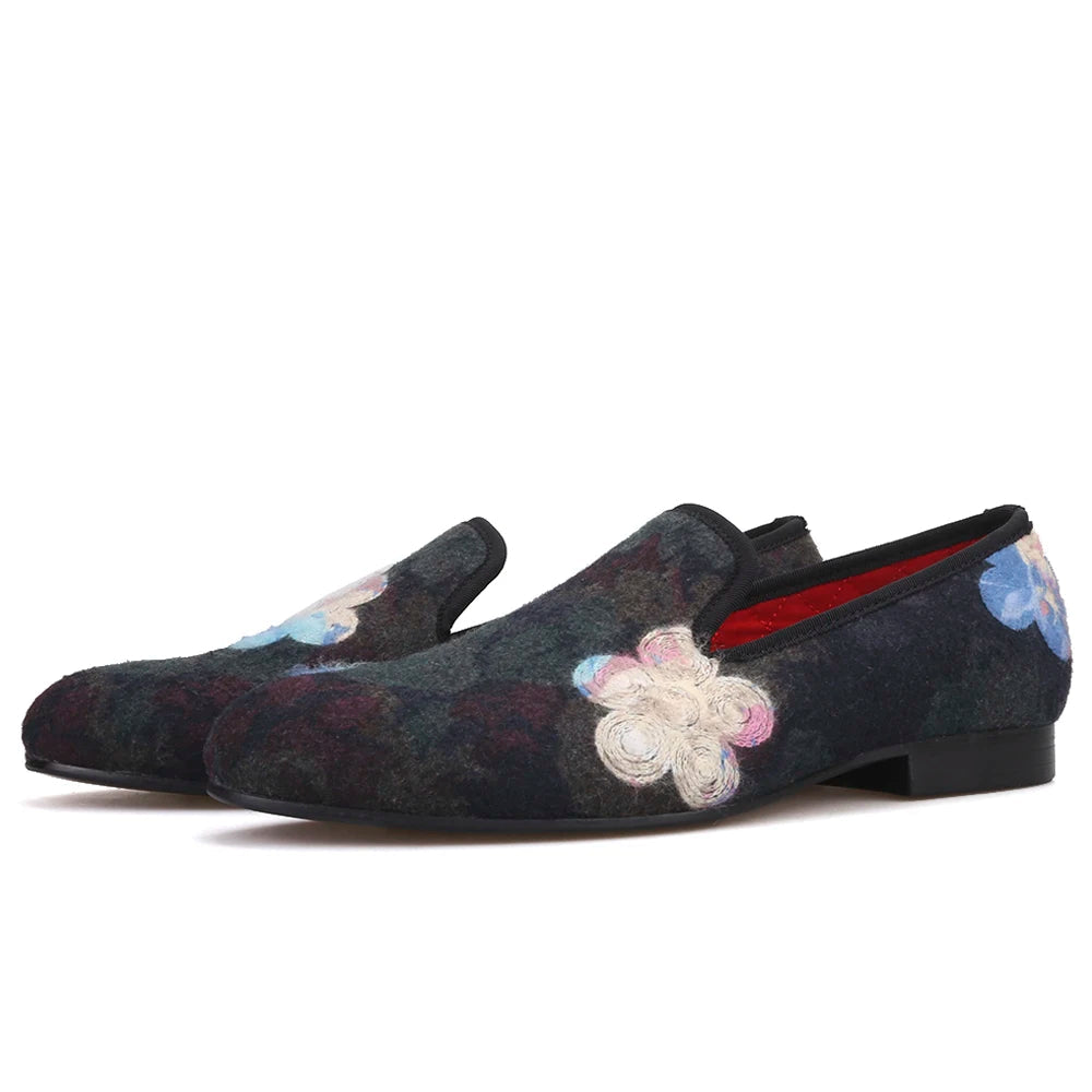 Mix color knitted fabric prom and party men's loafers style ethnic men's flats with flower printing