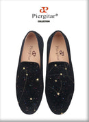 Piergitar 2021 Black Velvet Gold Dot Print Moccasin Handmade Men's Loafers British Classic Style Smoking Slippers Plus Size