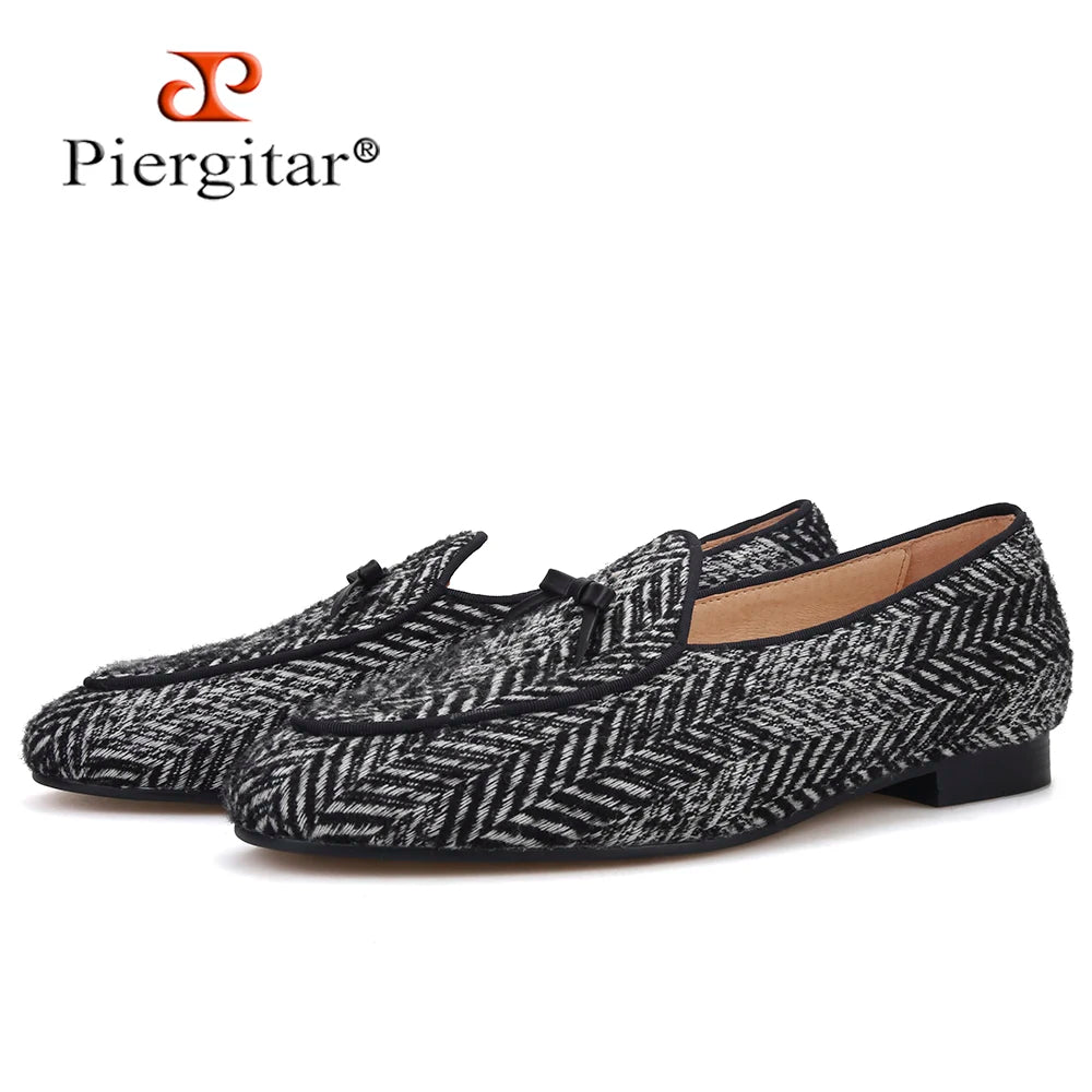 Piergitar handmade grey black knitted fabric men loafers with leather tie classic men's smoking slippers plus size