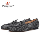 Piergitar handmade grey black knitted fabric men loafers with leather tie classic men's smoking slippers plus size