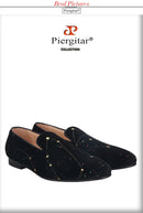 Piergitar 2021 Black Velvet Gold Dot Print Moccasin Handmade Men's Loafers British Classic Style Smoking Slippers Plus Size