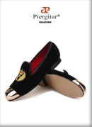 Piergitar 2019 New Style Men Velvet Shoes Metal toe with handwork embroidery Smoking Slipper Men's Flats shoes plus size