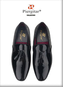 Piergitar 2021 Handmade Black Patent Leather Tassel Design Men's Loafers Classic Stitching Rhinestone Men Flats Red Color Bottom