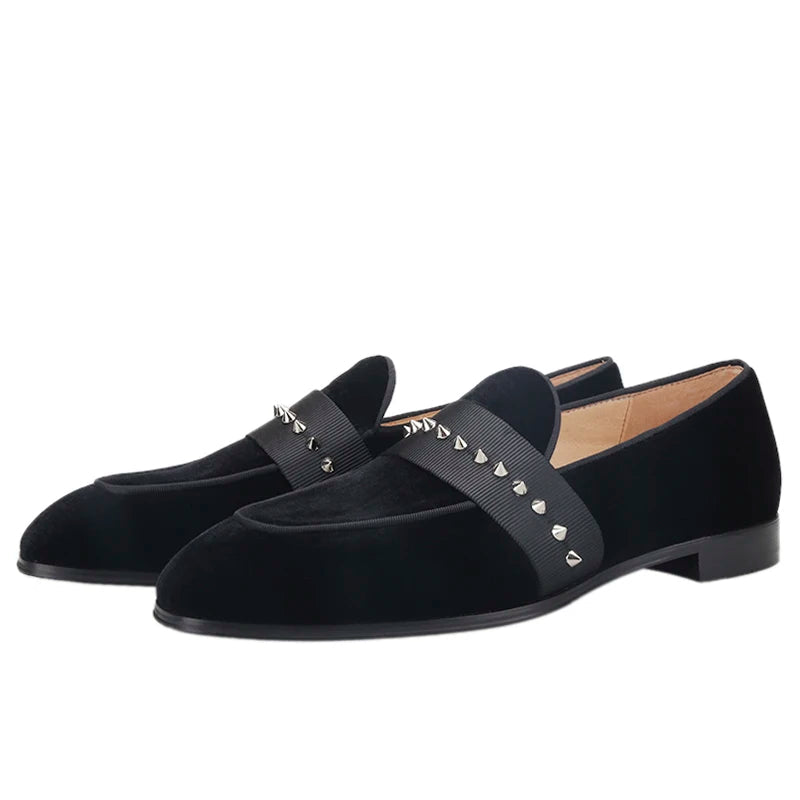 Handmade Black Velvet Men's Spiked Shoes Fashion Red Color Sole Loafers Plus-Size Male Flats with Leather Insole