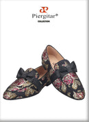 Piergitar 2021 New Style Floral Printed Silk Men Moccasin Handmade Leather Butterfly-Knot Men's Loafers Plus Size Man Flat Shoes