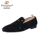 Piergitar 2021 Black Velvet Gold Dot Print Moccasin Handmade Men's Loafers British Classic Style Smoking Slippers Plus Size
