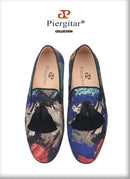 Piergitar 2021 New Style Oil Painting Silk Men Moccasin Handmade Tassel Men's Loafers Plus Size Slip-On Male Smoking Slippers