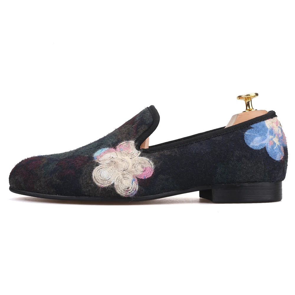 Mix color knitted fabric prom and party men's loafers style ethnic men's flats with flower printing