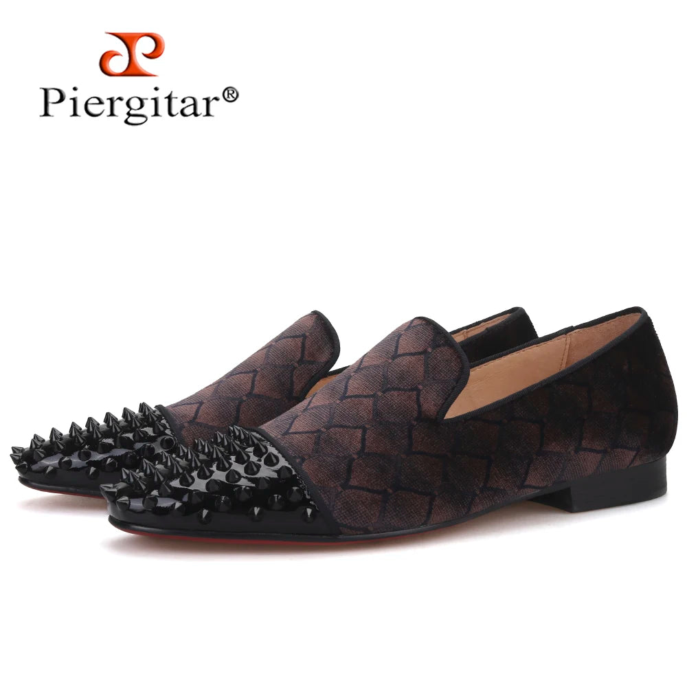 Piergitar 2022 Plaid Design Brown Velvet Men Studded Shoes Handmade Red Bottom Men's Loafers For Party And Banquet Plus Size