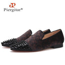 Piergitar 2022 Plaid Design Brown Velvet Men Studded Shoes Handmade Red Bottom Men's Loafers For Party And Banquet Plus Size