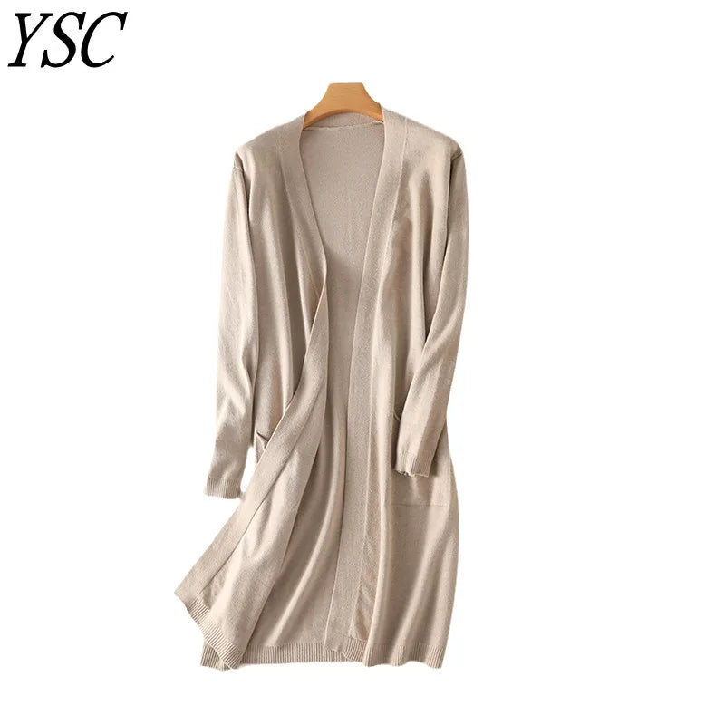 YSC New style Women Knitted Cashmere wool blend Cardigan V collar Super long style Buttonless pocket trim High-quality Cardigan