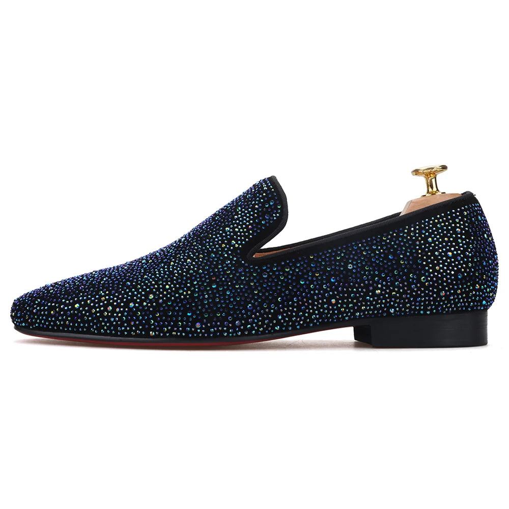 Piergitar 2020 men leather shoes with mixed colors rhinestones prom and banquet men casual loafers luxurious smoking slippers