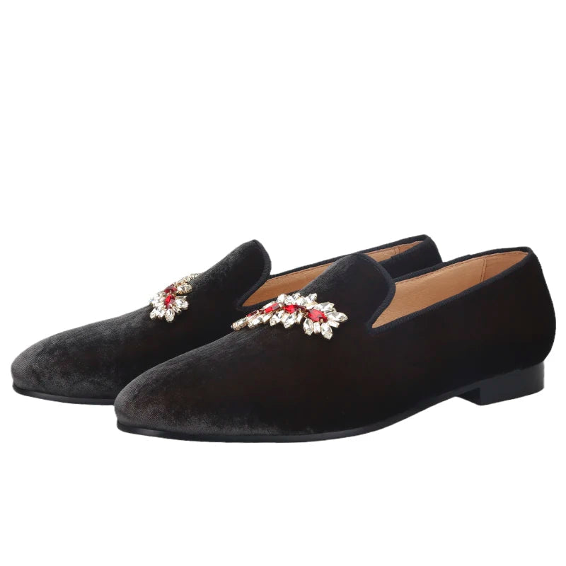 Two Colors Mixed Velvet Men's Loafers Fashion Drilling Metal Fastener Men Dress Shoes For Party And Wedding Plus Size