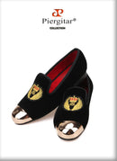 Piergitar 2019 New Style Men Velvet Shoes Metal toe with handwork embroidery Smoking Slipper Men's Flats shoes plus size