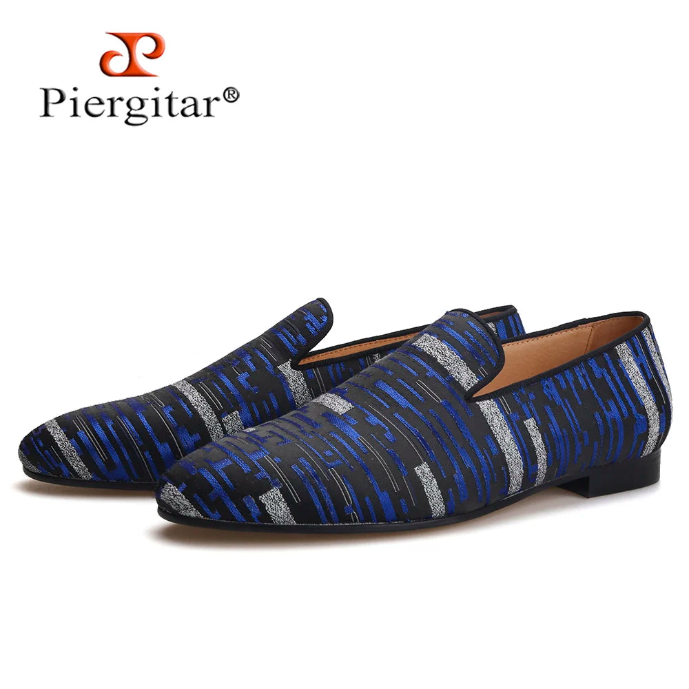 Piergitar 2021 New Blue Color Silk Men's Loafers For Party and Banquet Handmade Men Smoking Slippers Plus Size Item No.139850