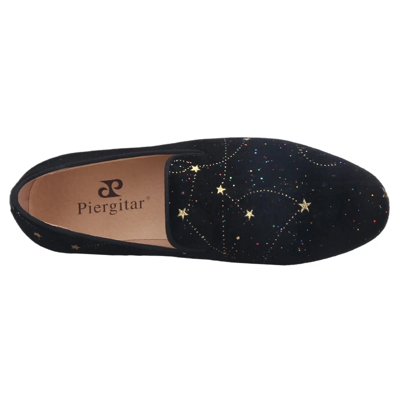 Piergitar 2021 Black Velvet Gold Dot Print Moccasin Handmade Men's Loafers British Classic Style Smoking Slippers Plus Size
