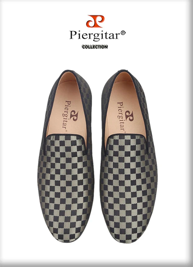 Piergitar 2022 Four Colors Checkerboard Print Silk Handmade Men's Loafers Classic British Style Man Smoking Slippers For Party