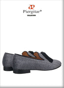 Piergitar New Gray Silver Glitter Fabric Men Moccasin Handmade Tassel Men's Loafers Classic British Style Smoking Slippers