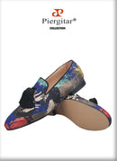 Piergitar 2021 New Style Oil Painting Silk Men Moccasin Handmade Tassel Men's Loafers Plus Size Slip-On Male Smoking Slippers