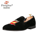 Piergitar Handmade Embroidery Of Four Powerful Football Countries Black Velvet Men Loafers Genuine Leather InSoles And Outsoles