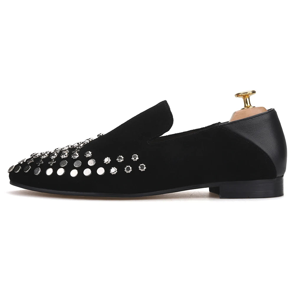 Piergitar handmade black cow leather men metal button smoking slippers fashion men's loafers for wendding and prom plus size
