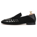 Piergitar handmade black cow leather men metal button smoking slippers fashion men's loafers for wendding and prom plus size