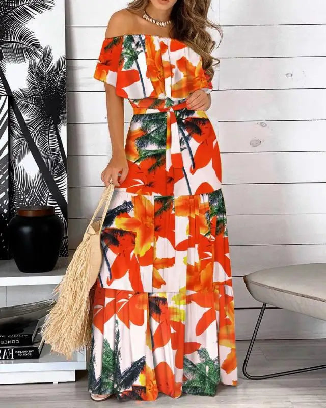 Women's Print Ruffle Maxi Sundress Dress