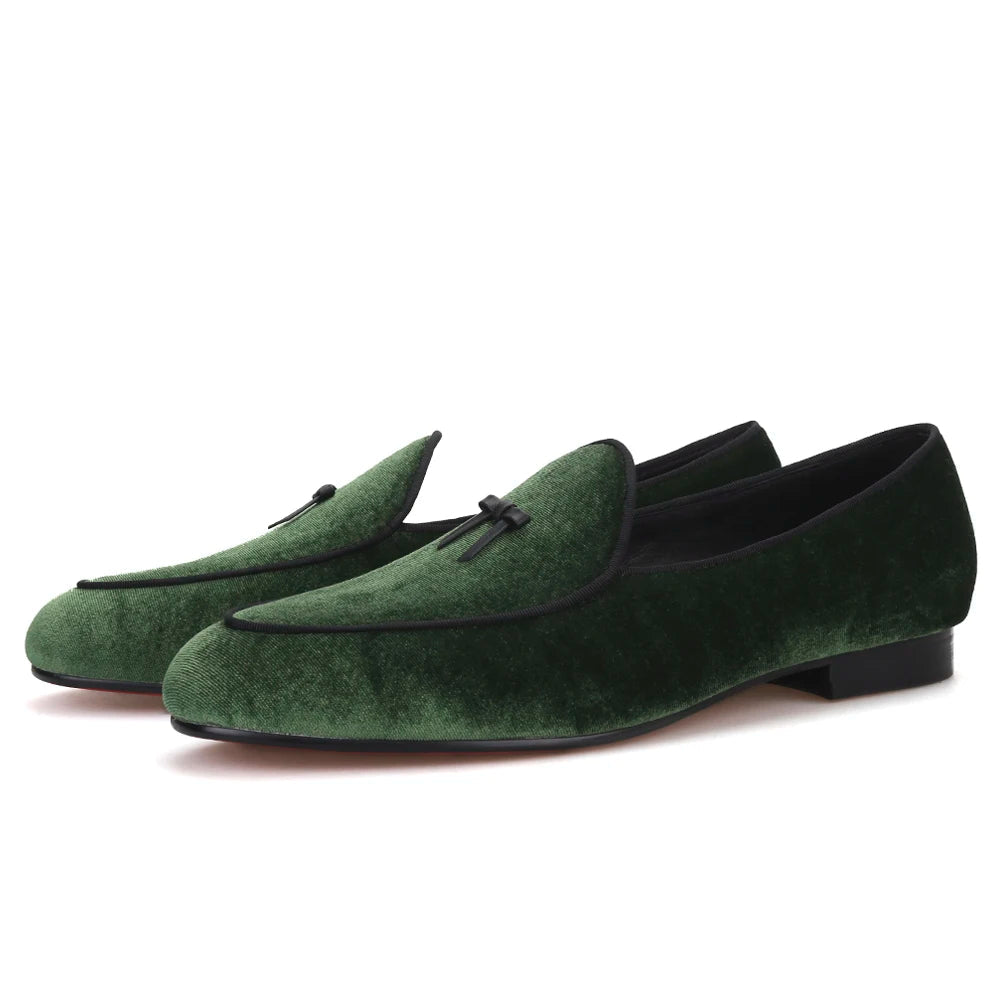 Green color men velvet shoes with red bottom handmade mens smoking slippers plus size