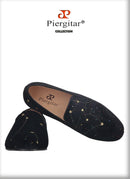 Piergitar 2021 Black Velvet Gold Dot Print Moccasin Handmade Men's Loafers British Classic Style Smoking Slippers Plus Size