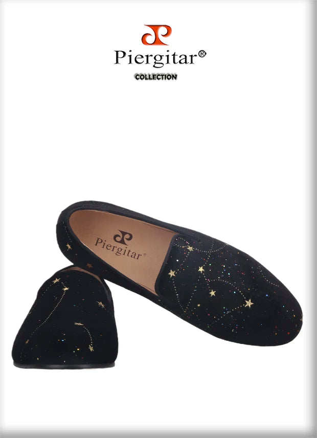 Piergitar 2021 Black Velvet Gold Dot Print Moccasin Handmade Men's Loafers British Classic Style Smoking Slippers Plus Size