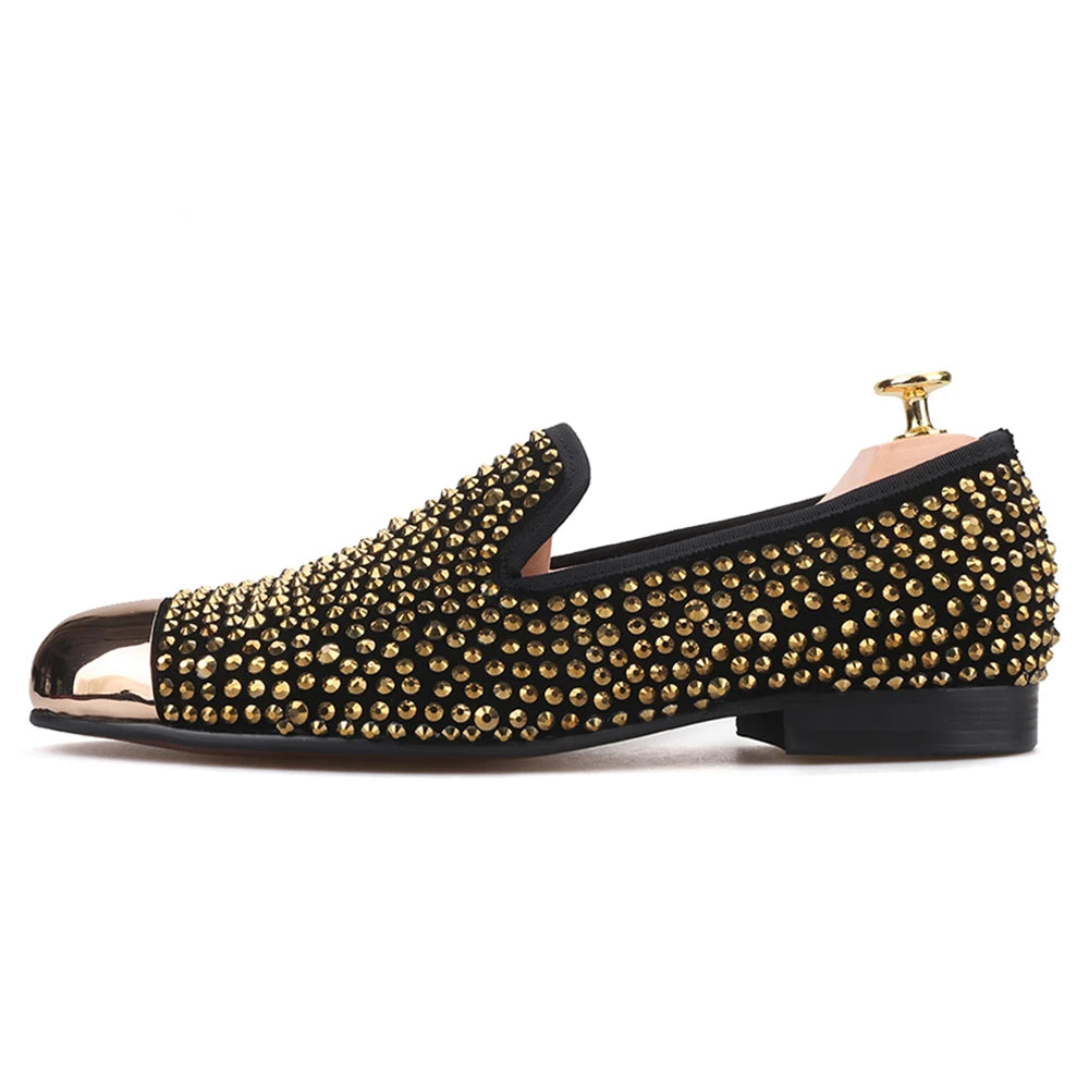 Piergitar gold metal toe and crystal men loafers handmade men's leather smoking slippers party and wedding men dress shoes