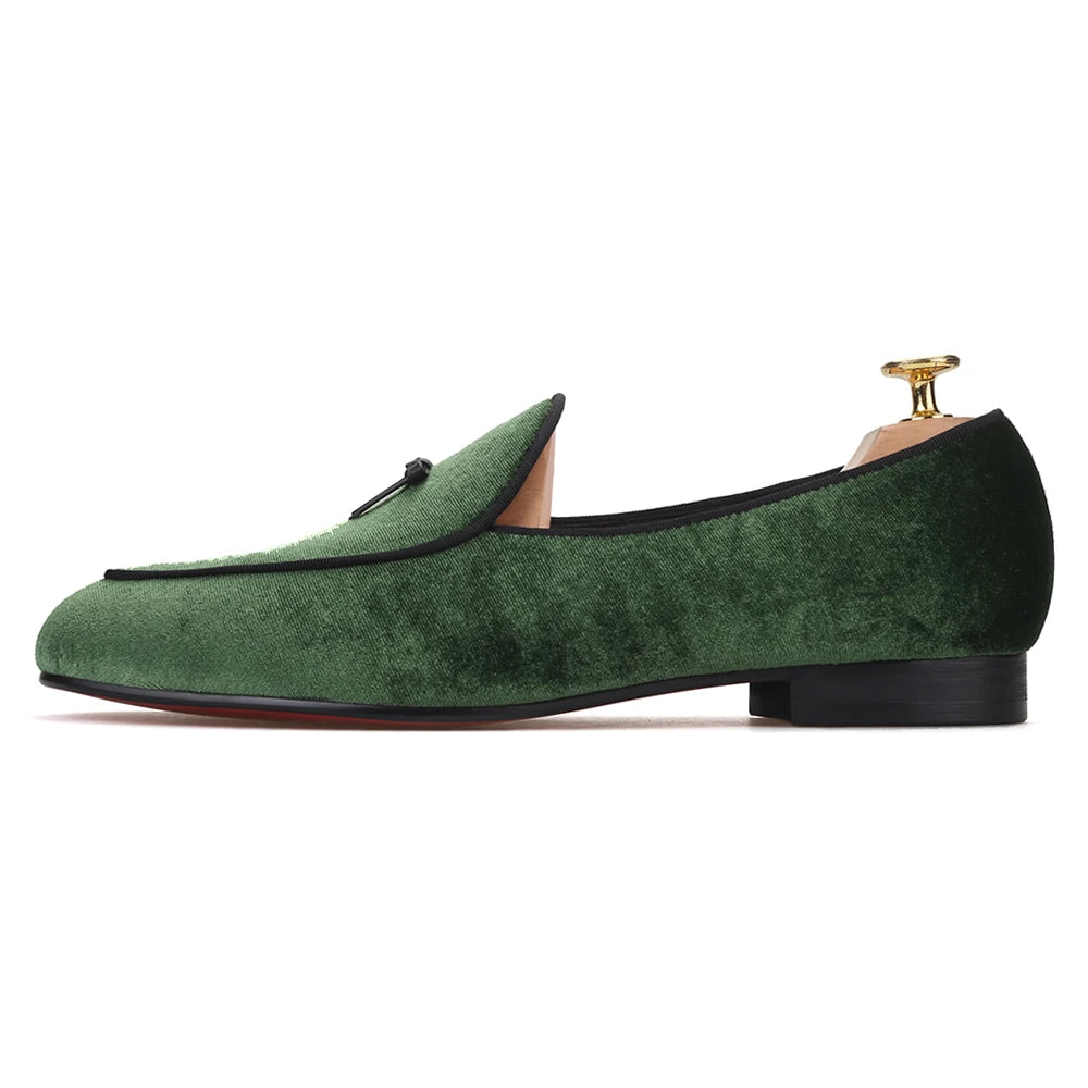 Green color men velvet shoes with red bottom handmade mens smoking slippers plus size
