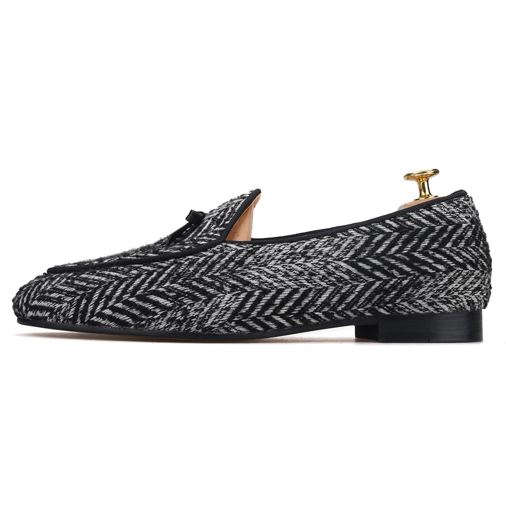 Piergitar handmade grey black knitted fabric men loafers with leather tie classic men's smoking slippers plus size