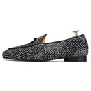 Piergitar handmade grey black knitted fabric men loafers with leather tie classic men's smoking slippers plus size