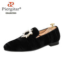 Piergitar Black Velvet Men's Loafers Handmade Rhinestone Metal Buckle Moccasin British Classic Style Smoking Slippers Plus Size