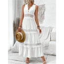 Women's Lace Stitching V-neck Sleeveless Dress High Waist White Ankle Length Sexy Long Dress