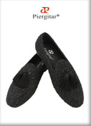 Piergitar 2025 White And Black Colors Tweed Men's Loafers With Handmade Tassels British Classic Style Slip-On Smoking Slippers