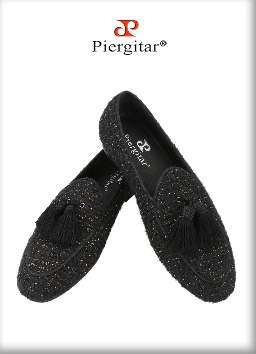 Piergitar 2025 White And Black Colors Tweed Men's Loafers With Handmade Tassels British Classic Style Slip-On Smoking Slippers
