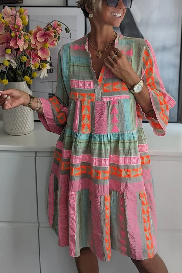 Women V Neck Three Quarter Sleeve Pullover Dress