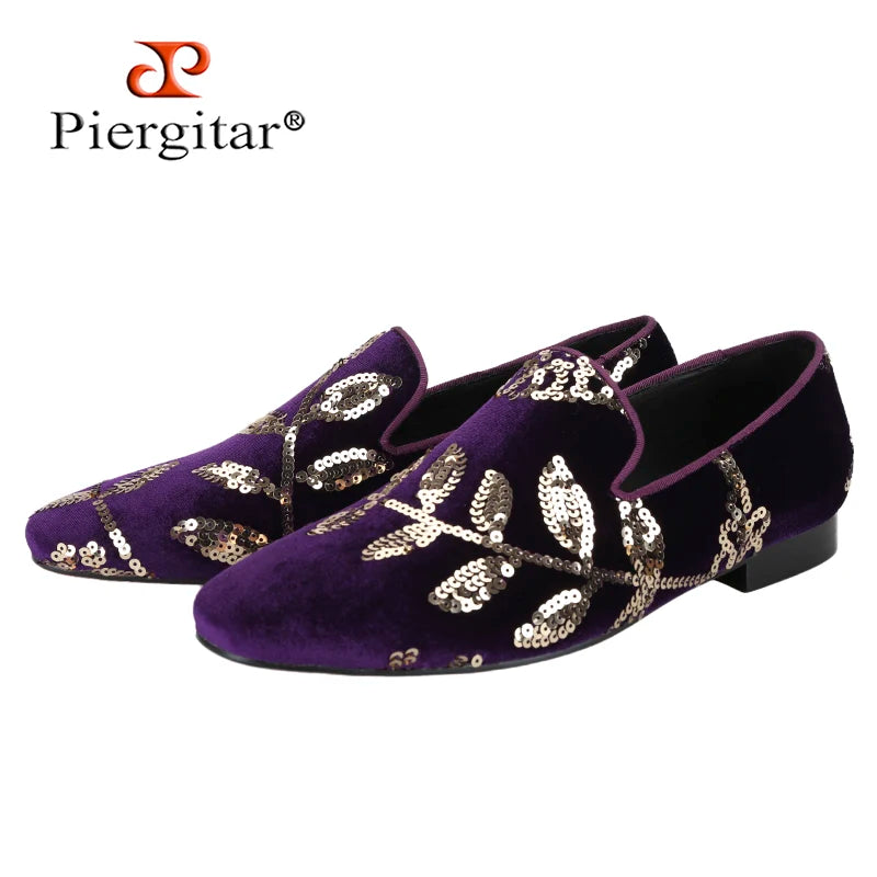 Piergitar Black And Dark Purple Velvet With Handmade Floral Sequin Men's Loafers CL Same Classic Red Outsole Slip-On Moccasins